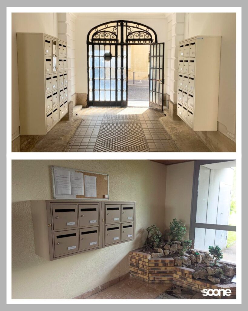 Installation boites aux lettres collectives Soone par entreprise Mercier.